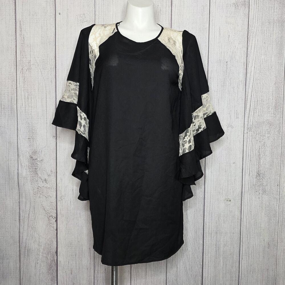 VENUS Black Lace Bell Sleeve Shift Dress Goth Boho Romantic, sz XL